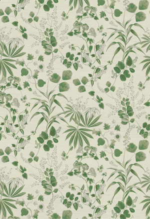 Eden wallpaper by Deus ex Gardenia in cream and green, full repeat of lush leaves and fruit