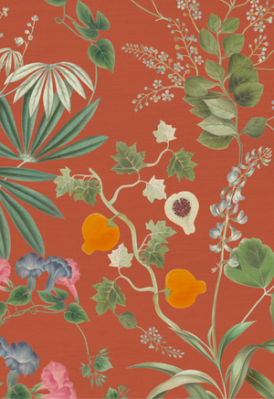 Eden wallpaper by Deus ex Gardenia in orange, pattern sample of lush leaves and fruit