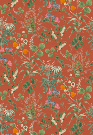Eden wallpaper by Deus ex Gardenia in orange, full repeat of lush leaves and fruit