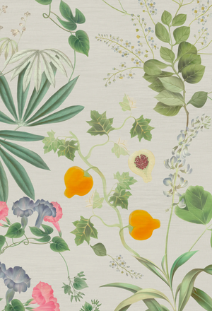 Eden wallpaper by Deus ex Gardenia in cream and green, full repeat of lush leaves and fruit (alternate view)
