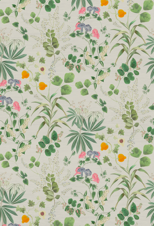 Eden wallpaper by Deus ex Gardenia in cream and green, pattern sample of lush leaves and fruit