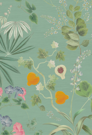 Eden wallpaper by Deus ex Gardenia in sage green, flat sample of lush leaves and fruit