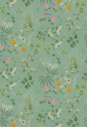 Eden wallpaper by Deus ex Gardenia in sage green, pattern sample of lush leaves and fruit