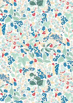 Elizabeth wallpaper by Claire de Quénetain in blue, full repeat of a hand-painted floral design