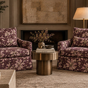 Ella velvet by Dami and Em Design in burgundy, a large floral upholstered on an armchair