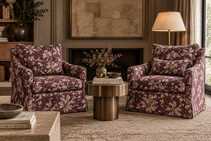Ella velvet by Dami and Em Design in burgundy, a large floral upholstered on an armchair