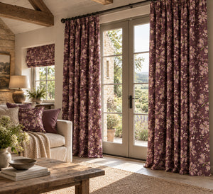Ella velvet by Dami and Em Design in burgundy, a large floral made into curtains
