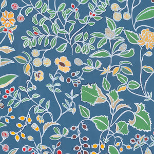 Emmanuelle wallpaper by Claire de Quénetain in blue and yellow, full repeat of a hand-painted floral design