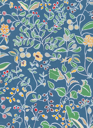 Emmanuelle wallpaper by Claire de Quénetain in blue and yellow, full repeat of a hand-painted floral design