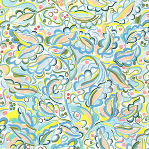 Enchanted Leaves linen by Claire de Quénetain in pink, full repeat of a hand-painted floral design