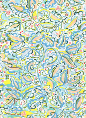 Enchanted Leaves linen by Claire de Quénetain in pink, full repeat of a hand-painted floral design