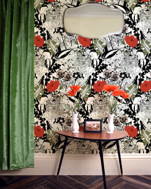 English Garden wallpaper by Dupenny in multicolour, bold garden flowers on a feature wall