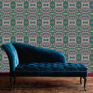 Esprit wallpaper by Tatie Lou in teal, an ornate medallion print in a living room