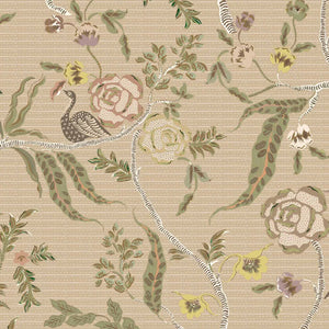 Eversley linen by Parker and Jules in beige and green, full repeat of trailing roses