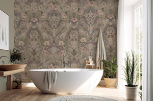 Exotica wallpaper by Victoria Sanders in dusty pink, jungle animals and tropical flowers on a bathroom wall