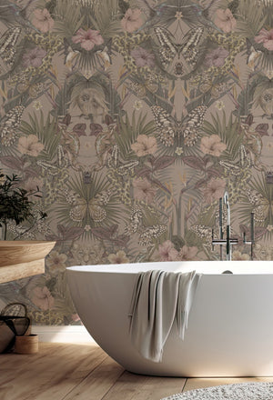 Exotica wallpaper by Victoria Sanders in dusty pink, jungle animals and tropical flowers in a bathroom