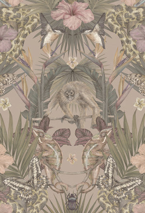 Exotica wallpaper by Victoria Sanders in dusty pink, flat sample of jungle animals and tropical flowers