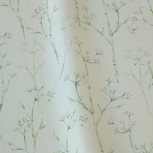 Sweet Herb Fennel linen by Seed Home Designs in yellow, draped, showing delicate fennel stems
