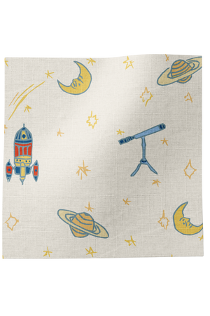 Float Away into Space linen by Annika Reed in cream, draped, showing rockets, moons and planets
