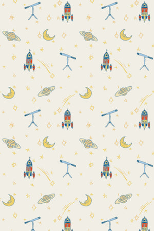 Float Away into Space linen by Annika Reed in cream, full repeat of rockets, moons and planets