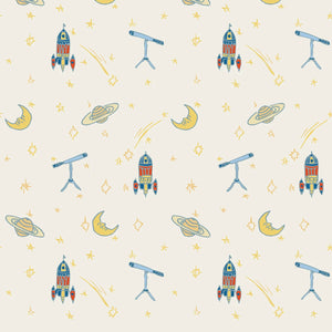 Float Away in Space wallpaper by Annika Reed in cream, full repeat of rockets, moons and planets