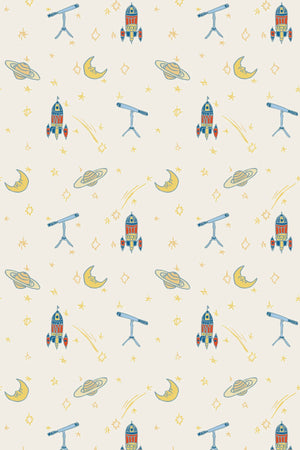 Float Away in Space wallpaper by Annika Reed in cream, full repeat of rockets, moons and planets
