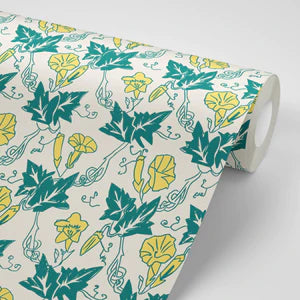 Bindweed wallpaper by Annika Reed in teal and yellow, roll showing trailing bindweed flowers