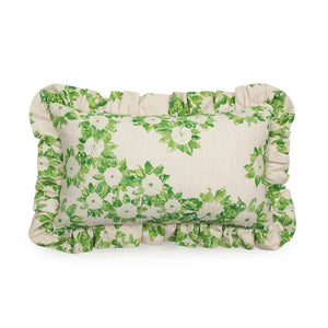 Folio linen by Bethie Tricks in green and white, a leaf medallion print as a cushion