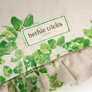 Folio linen by Bethie Tricks in green and white, sample swatch set showing a leaf medallion print