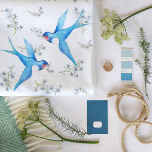 Forget Me Not Swallow fabric by Seed Home Designs in blue and white, flat sample of swallows and forget-me-nots