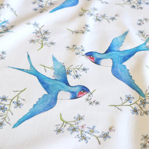 Forget Me Not Swallow fabric by Seed Home Designs in blue and white, pattern sample of swallows and forget-me-nots