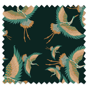 Pachamama velvet by Tatie Lou in dark green, flat sample of flying cranes