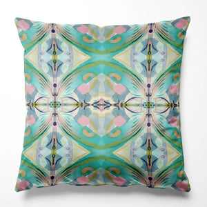 Franny velvet by Tatie Lou in green and pink, a kaleidoscopic floral on a scatter cushion