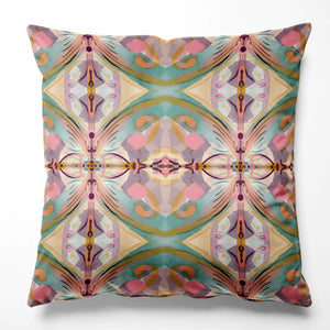Franny velvet by Tatie Lou in pink and green, a kaleidoscopic floral made into a cushion