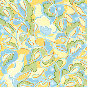 Fresh Morning linen by Claire de Quénetain in yellow and blue, full repeat of a hand-painted floral design
