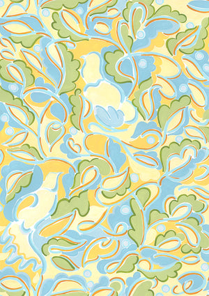 Fresh Morning linen by Claire de Quénetain in yellow and blue, full repeat of a hand-painted floral design
