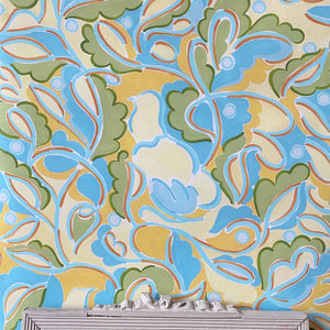 Fresh Morning wallpaper by Claire de Quénetain in yellow and blue, full repeat of a hand-painted floral design