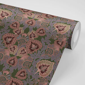 Garden of India wallpaper by Tatie Lou in brown and pink, full repeat of an Indian-style garden medallion