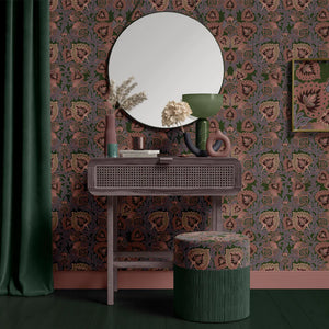 Garden of India wallpaper by Tatie Lou in brown and pink, an Indian-style garden medallion in a bathroom