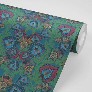Garden of India wallpaper by Tatie Lou in teal, pattern sample of an Indian-style garden medallion