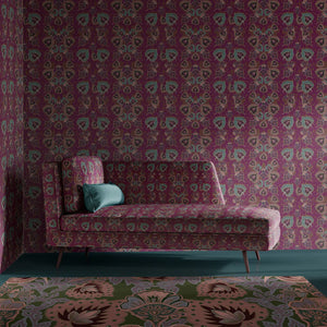 Garden of India wallpaper by Tatie Lou in burgundy, an Indian-style garden medallion in a living room