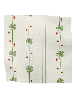 Garden Tetris linen by Annika Reed in cream and green, flat sample of garden sprigs in a grid