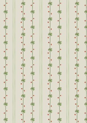 Tetris wallpaper by Annika Reed in cream and green, flat sample of tiny sprigs in a grid