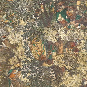 Gentlemen Birds wallpaper by Brand McKenzie in olive, close-up of birds hidden among leaves