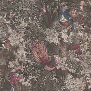 Gentlemen Birds wallpaper by Brand McKenzie in dusky pink, detail of birds hidden among leaves