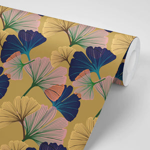 Ginkgo wallpaper by Tatie Lou in yellow, roll showing oversized ginkgo leaves