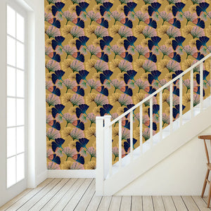 Ginkgo wallpaper by Tatie Lou in yellow, oversized ginkgo leaves in a hallway