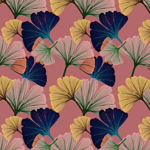 Ginkgo wallpaper by Tatie Lou in pink, flat sample of oversized ginkgo leaves