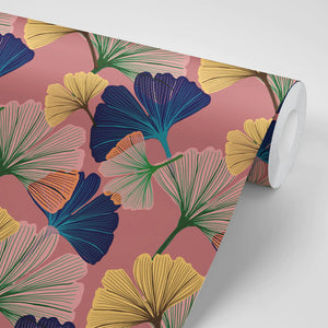 Ginkgo wallpaper by Tatie Lou in pink, pattern sample of oversized ginkgo leaves