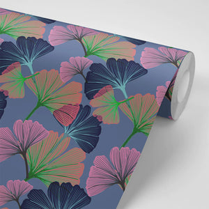 Ginkgo wallpaper by Tatie Lou in purple, sample roll showing oversized ginkgo leaves